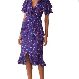 Ruffled Floral Midi Dress in Royal Blue